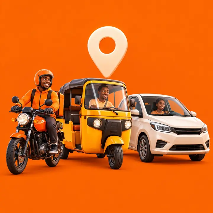An okada, a keke and a car under a map pin