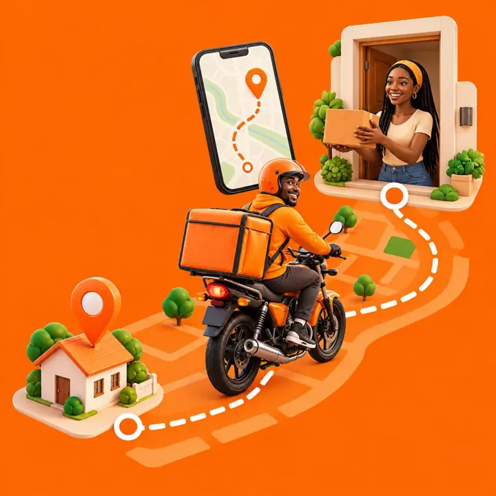 A rider carrying a parcel along a route to a smiling woman